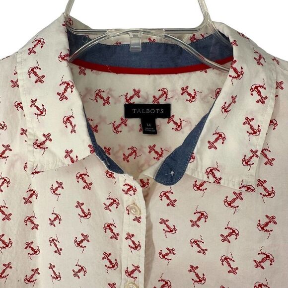 Talbots Button Up Shirt Womens Size 14 Long Sleeve White Anchor Pattern Cotton - Picture 3 of 7